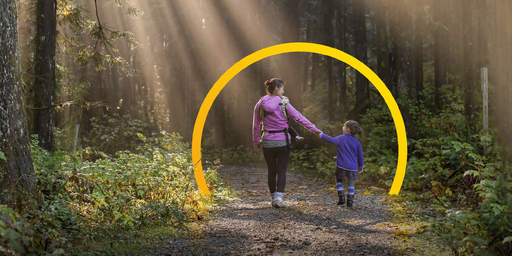 Family law - mother and child antering woodland with Tees protection rainbow