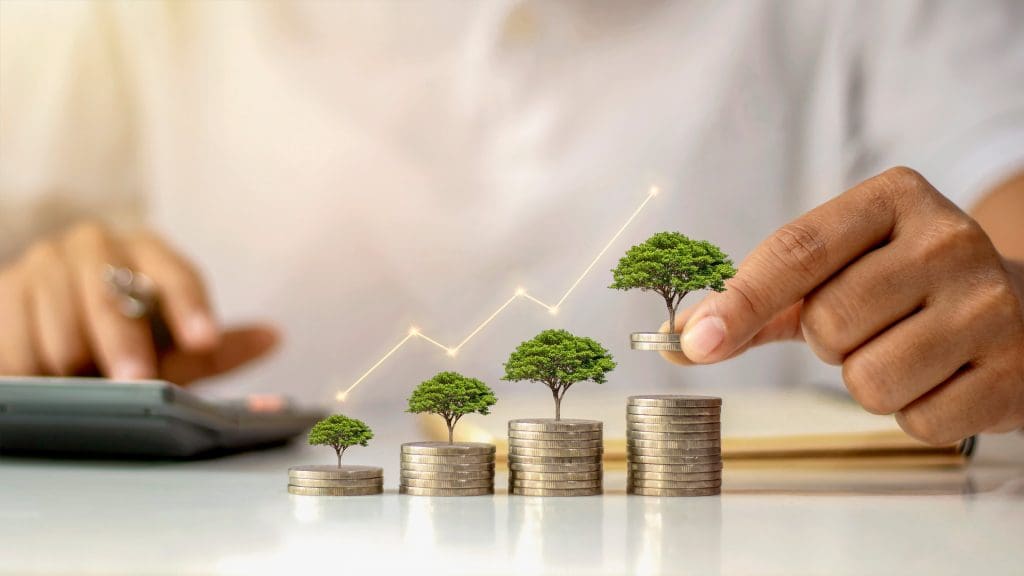 Hand stacking coins with trees growing on top, symbolising investment growth and financial planning.